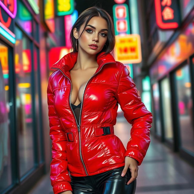 A hot slim girl with large breasts, confidently dressed in a shiny red tight puffer jacket that accentuates her curves, complemented by sleek black latex leggings that hug her legs