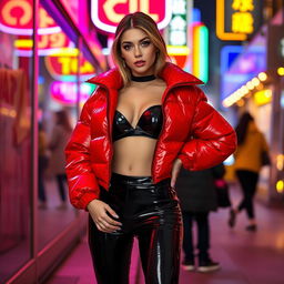 A hot slim girl with large breasts, confidently dressed in a shiny red tight puffer jacket that accentuates her curves, complemented by sleek black latex leggings that hug her legs
