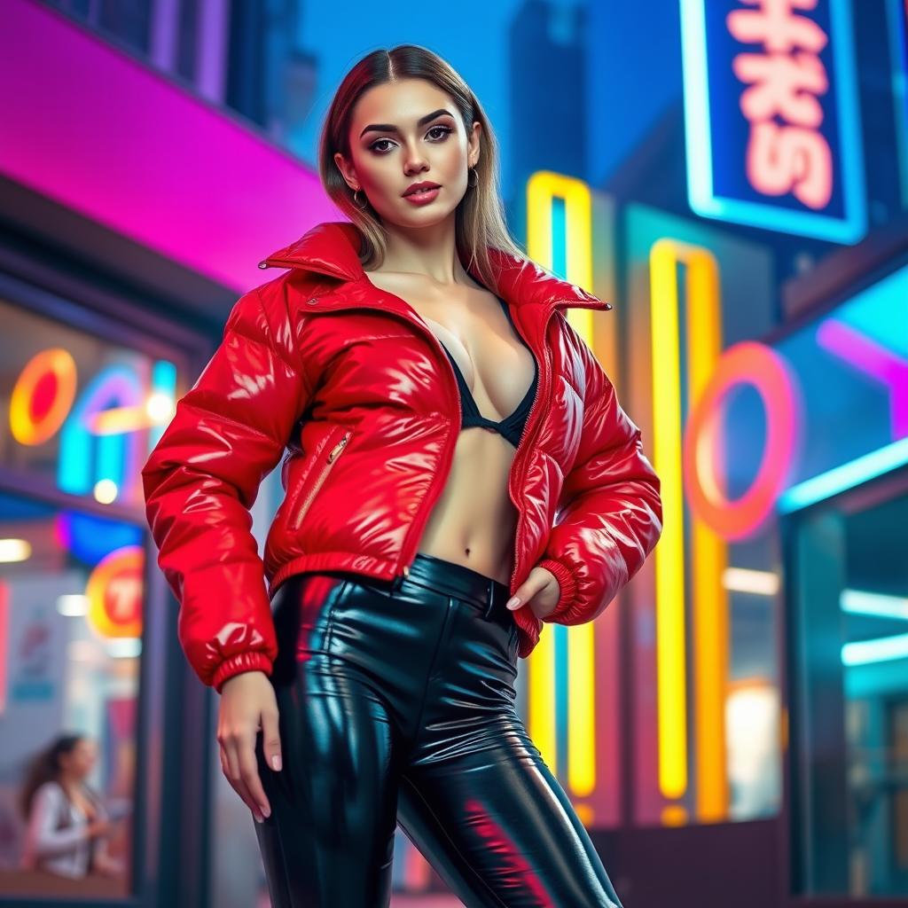 A hot slim girl with large breasts, confidently dressed in a shiny red tight puffer jacket that accentuates her curves, complemented by sleek black latex leggings that hug her legs