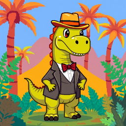 A dapper dinosaur rendered in pixel art style, dressed in a stylish outfit featuring a tailored suit, bow tie, and a fashionable hat