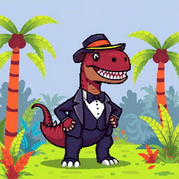 A dapper dinosaur rendered in pixel art style, dressed in a stylish outfit featuring a tailored suit, bow tie, and a fashionable hat