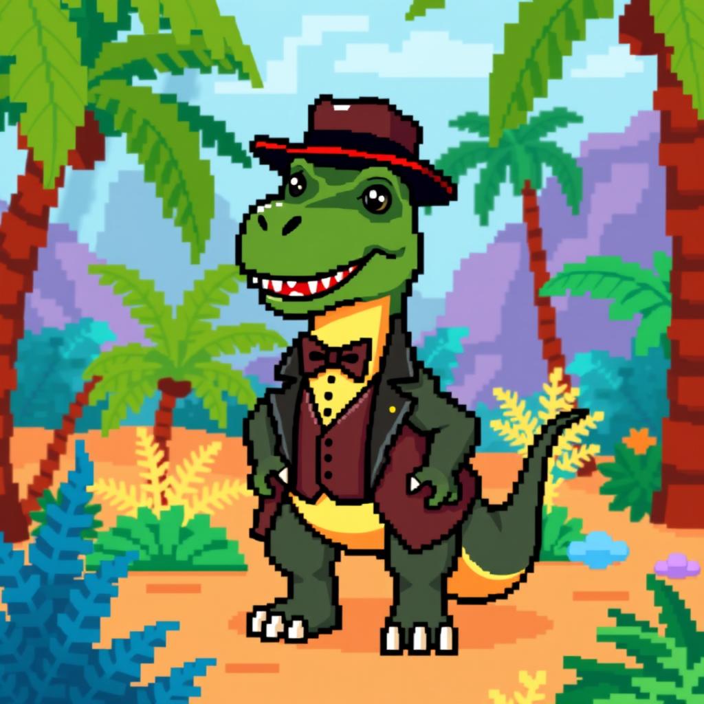 A dapper dinosaur rendered in pixel art style, dressed in a stylish outfit featuring a tailored suit, bow tie, and a fashionable hat