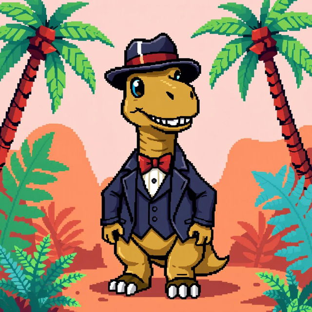 A dapper dinosaur rendered in pixel art style, dressed in a stylish outfit featuring a tailored suit, bow tie, and a fashionable hat