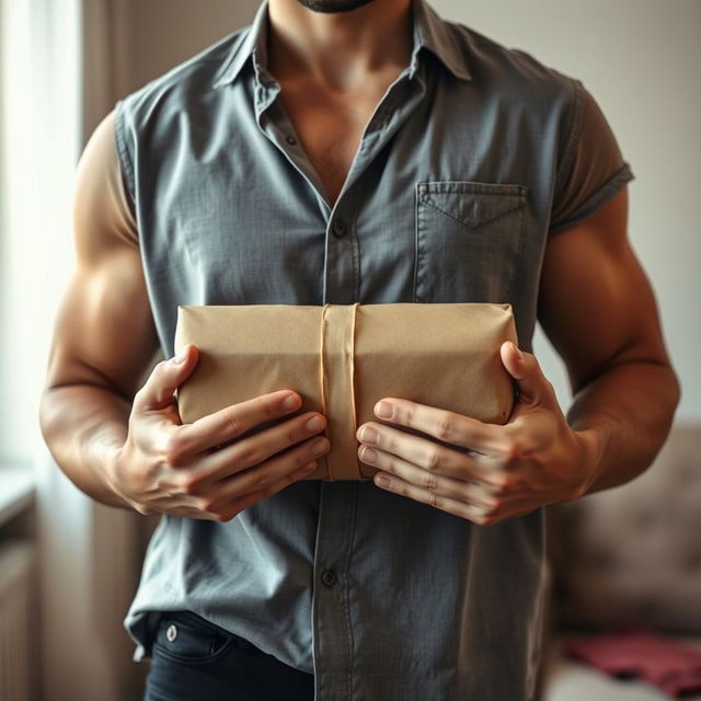 A handsome man holding a package in his arms, shown from the chest down