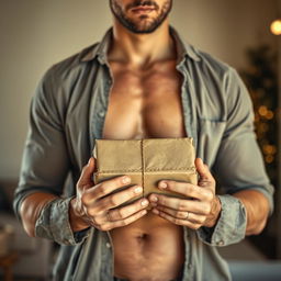A handsome man holding a package in his arms, shown from the chest down