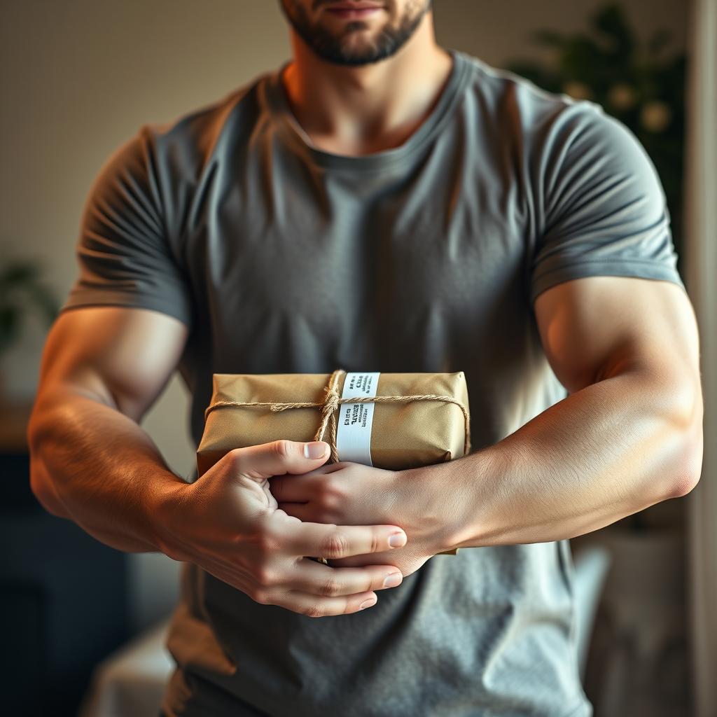 A handsome man holding a package in his arms, shown from the chest down