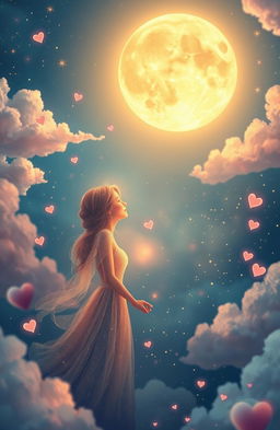 A dreamy romantic scene depicting two ethereal figures slowly falling in love amidst a starry night sky filled with soft, colorful clouds