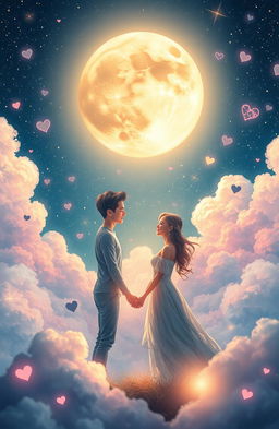 A dreamy romantic scene depicting two ethereal figures slowly falling in love amidst a starry night sky filled with soft, colorful clouds