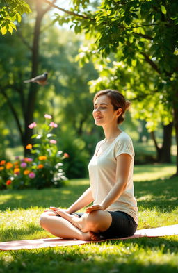 A serene and calming scene depicting an individual sitting in a peaceful park, surrounded by lush greenery and soft sunlight filtering through the leaves