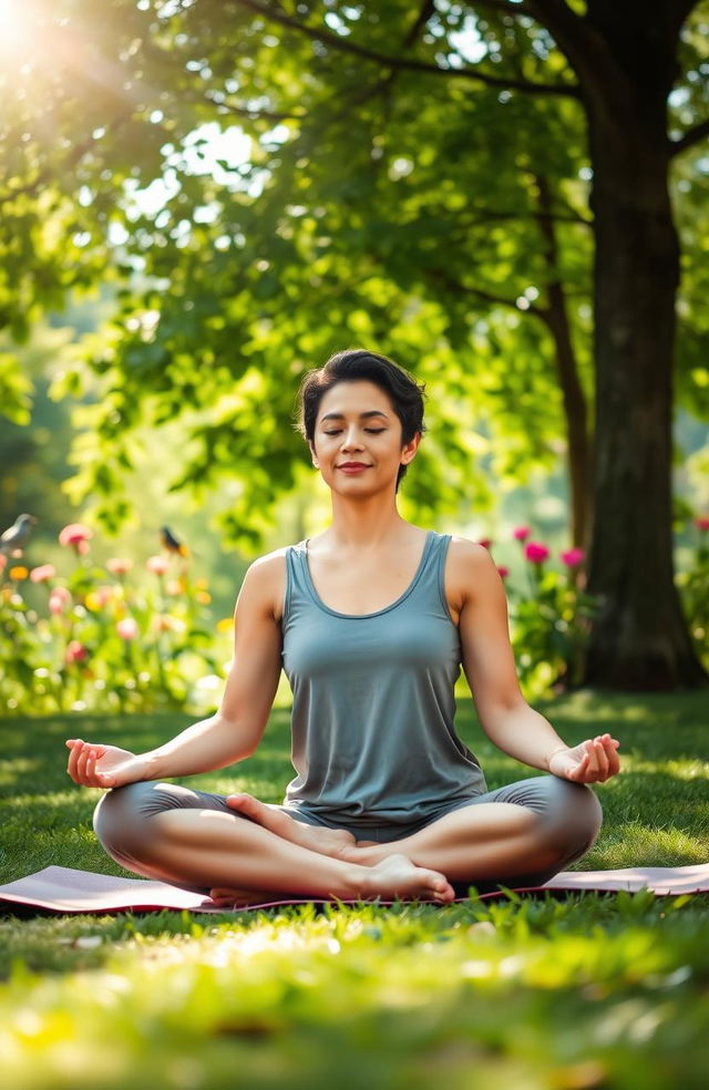 A serene and calming scene depicting an individual sitting in a peaceful park, surrounded by lush greenery and soft sunlight filtering through the leaves