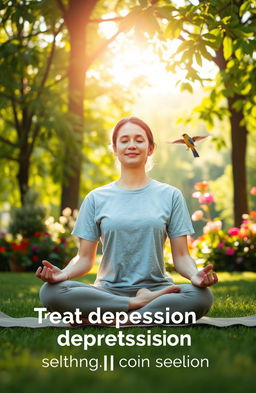 A serene and calming scene depicting an individual sitting in a peaceful park, surrounded by lush greenery and soft sunlight filtering through the leaves