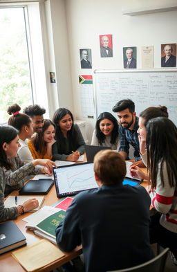 A group of diverse students engaging in a lively academic discussion around a table filled with books and laptops