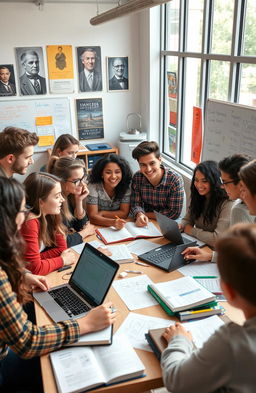 A group of diverse students engaging in a lively academic discussion around a table filled with books and laptops