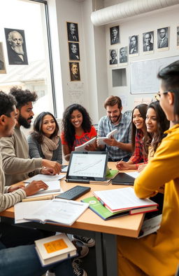A group of diverse students engaging in a lively academic discussion around a table filled with books and laptops