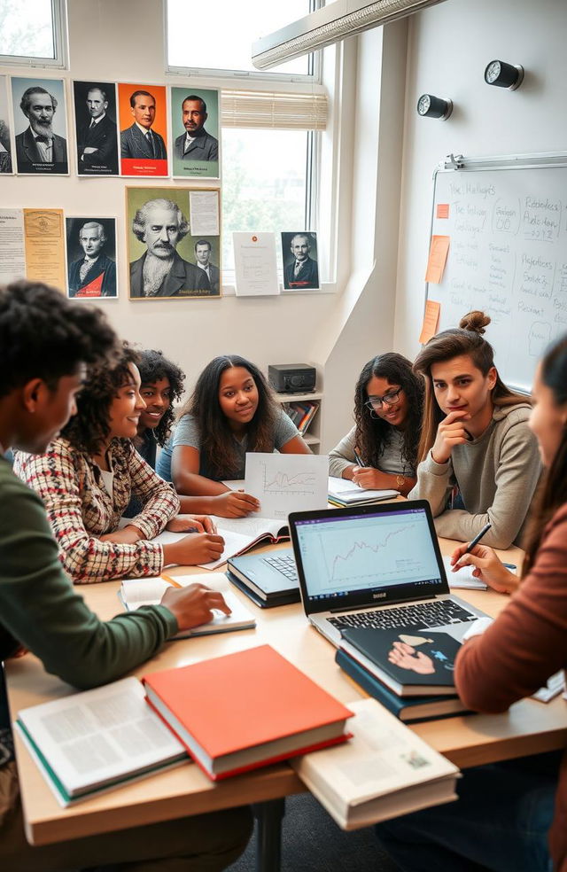 A group of diverse students engaging in a lively academic discussion around a table filled with books and laptops