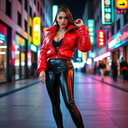 A hot slim girl with voluptuous curves and big breasts, showcasing her style in a shiny red tight puffer jacket that hugs her figure, paired with sleek black latex leggings that accentuate her long legs