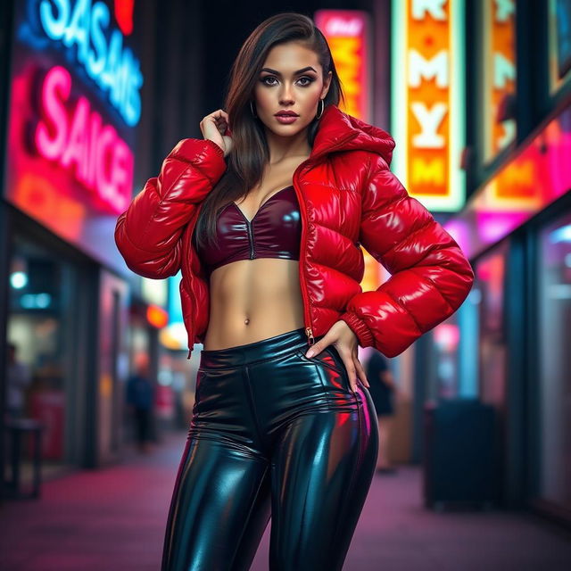 A hot slim girl with voluptuous curves and big breasts, showcasing her style in a shiny red tight puffer jacket that hugs her figure, paired with sleek black latex leggings that accentuate her long legs