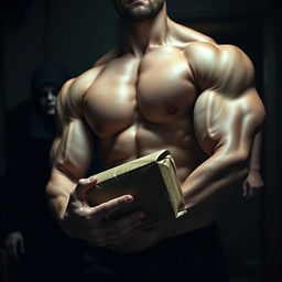 A handsome, strong man holding a package in his muscular arms, shown from the chest down