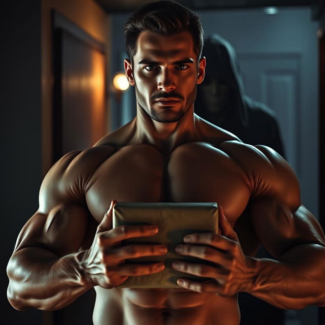 A handsome, strong man holding a package in his muscular arms, shown from the chest down