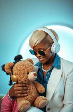 A stylish Nigerian woman with cream-colored low cut hair, wearing large gold and white over-ear headphones, dressed in a pearl necklace, denim shirt, and a chic white blazer