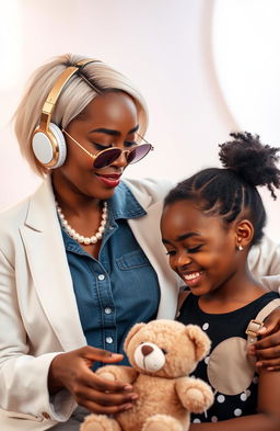 A stylish Nigerian woman with cream-colored low cut hair, wearing large gold and white over-ear headphones, dressed in a pearl necklace, denim shirt, and a chic white blazer