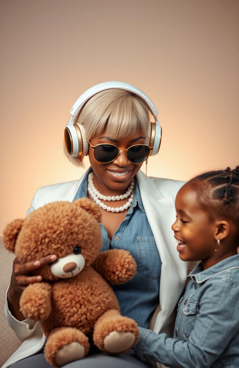 A stylish Nigerian woman with cream-colored low cut hair, wearing large gold and white over-ear headphones, dressed in a pearl necklace, denim shirt, and a chic white blazer