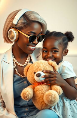A stylish Nigerian woman with cream-colored low cut hair, wearing large gold and white over-ear headphones, dressed in a pearl necklace, denim shirt, and a chic white blazer