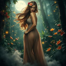 An enticing scene set in a dreamy, mystical forest, where a beautiful, voluptuous woman with flowing hair adorned with flowers stands gracefully under the soft glow of the moonlight