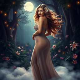 An enticing scene set in a dreamy, mystical forest, where a beautiful, voluptuous woman with flowing hair adorned with flowers stands gracefully under the soft glow of the moonlight