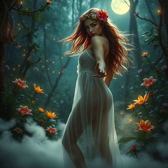 An enticing scene set in a dreamy, mystical forest, where a beautiful, voluptuous woman with flowing hair adorned with flowers stands gracefully under the soft glow of the moonlight