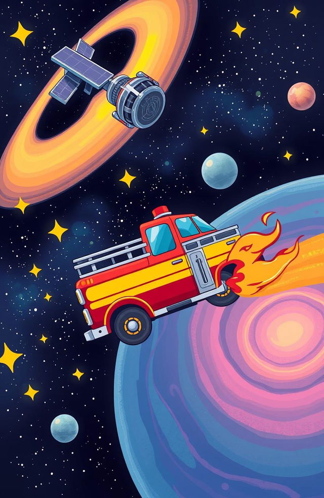 A vibrant illustration of 'Firey', a brave, cartoon-style fire truck, soaring through the colorful expanse of outer space