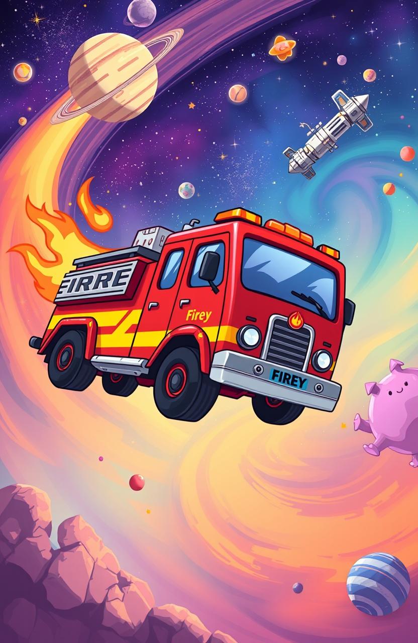 A vibrant illustration of 'Firey', a brave, cartoon-style fire truck, soaring through the colorful expanse of outer space