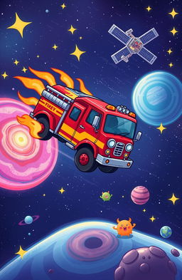 A vibrant illustration of 'Firey', a brave, cartoon-style fire truck, soaring through the colorful expanse of outer space