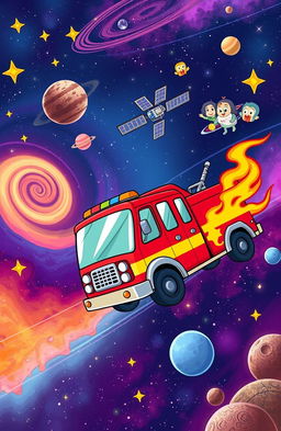 A vibrant illustration of 'Firey', a brave, cartoon-style fire truck, soaring through the colorful expanse of outer space