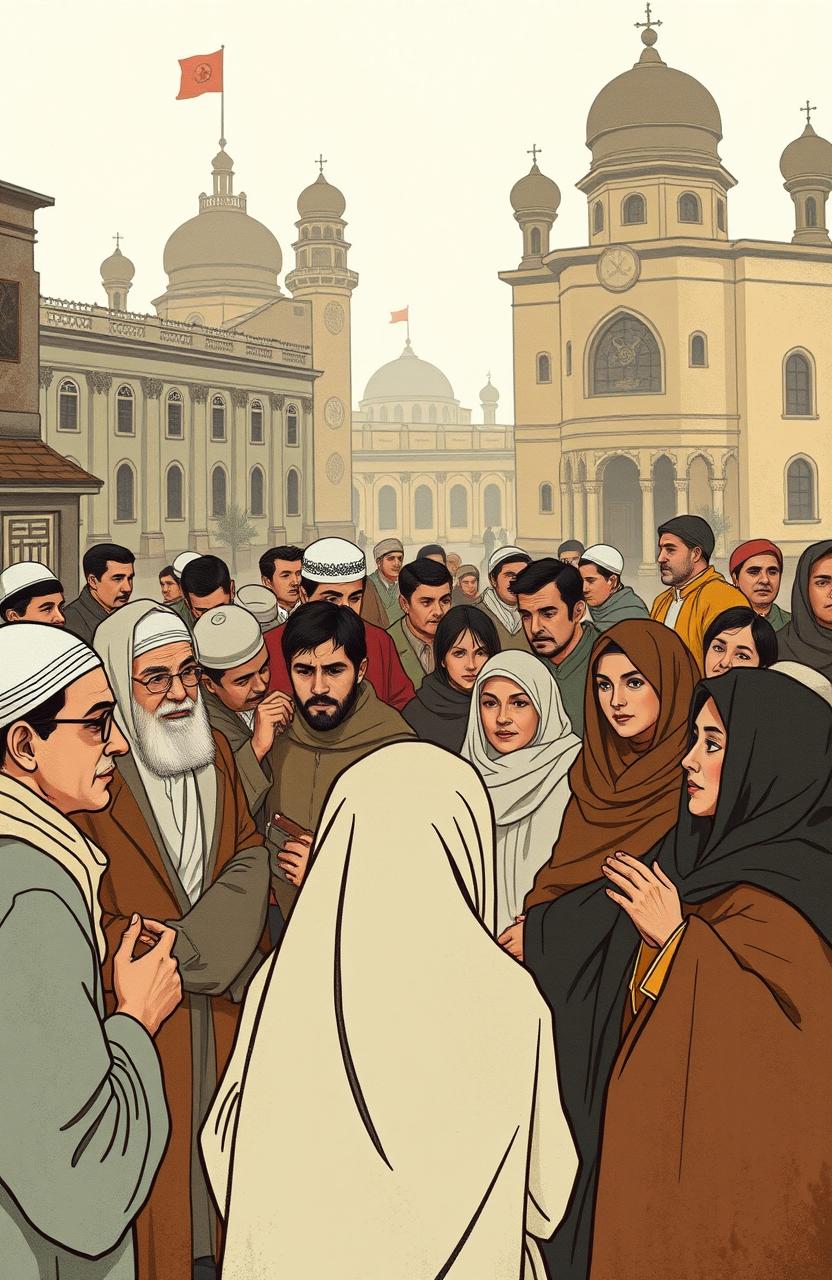 An academic illustration depicting the dynamics of Islamic social life in the Soviet Union from 1922 to 1991