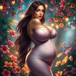 A highly detailed and artistic depiction of a voluptuous woman with giant breasts, elegantly posed in a stunning fantasy setting
