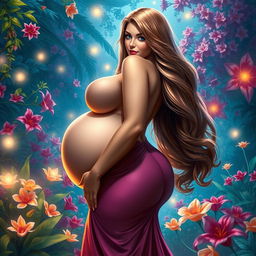 A highly detailed and artistic depiction of a voluptuous woman with giant breasts, elegantly posed in a stunning fantasy setting