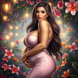 A highly detailed and artistic depiction of a voluptuous woman with giant breasts, elegantly posed in a stunning fantasy setting