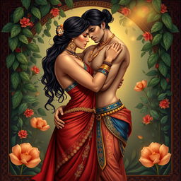 A beautifully illustrated scene inspired by the Kamasutra, depicting two adult figures in an intimate and romantic embrace, showcasing a sense of elegance and sophistication