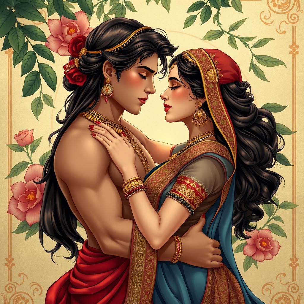 A beautifully illustrated scene inspired by the Kamasutra, depicting two adult figures in an intimate and romantic embrace, showcasing a sense of elegance and sophistication