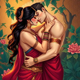 A beautifully illustrated scene inspired by the Kamasutra, depicting two adult figures in an intimate and romantic embrace, showcasing a sense of elegance and sophistication
