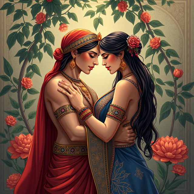 A beautifully illustrated scene inspired by the Kamasutra, depicting two adult figures in an intimate and romantic embrace, showcasing a sense of elegance and sophistication