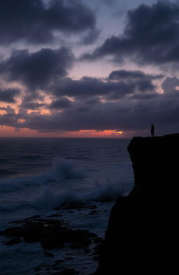 A melancholic landscape during sunset, featuring a lone figure standing on a cliff overlooking a turbulent sea, waves crashing dramatically against the rocks below