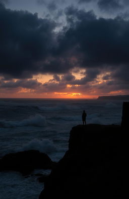 A melancholic landscape during sunset, featuring a lone figure standing on a cliff overlooking a turbulent sea, waves crashing dramatically against the rocks below