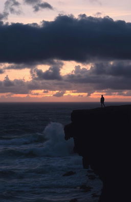 A melancholic landscape during sunset, featuring a lone figure standing on a cliff overlooking a turbulent sea, waves crashing dramatically against the rocks below