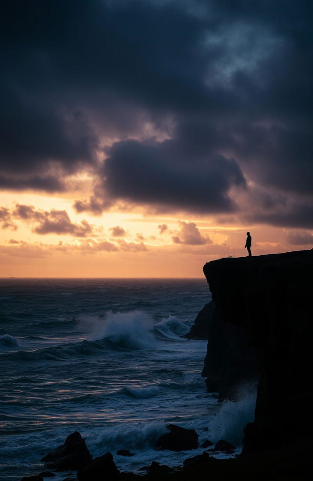 A melancholic landscape during sunset, featuring a lone figure standing on a cliff overlooking a turbulent sea, waves crashing dramatically against the rocks below