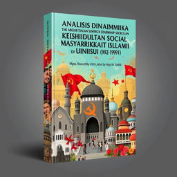 A striking book cover design for 'Analisis Dinamika Kehidupan Sosial Masyarakat Islam di Uni Soviet (1922-1991)' by Mgs