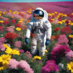 This is a 2:3 aspect ratio color photograph capturing a surreal scene of an astronaut standing tall amidst a vibrant field of blooming flowers