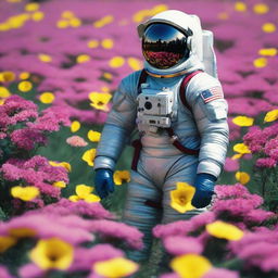 This is a 2:3 aspect ratio color photograph capturing a surreal scene of an astronaut standing tall amidst a vibrant field of blooming flowers