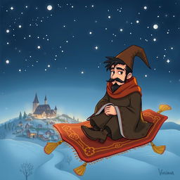 In a realistic, hand-drawn style, a handsome and determined wizard with short black hair and a stylish goatee is illustrated sitting on a magical carpet